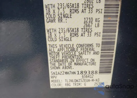 2017 Nissan Murano S/Sl/Sv/Platinum from USA, damaged, VIN 5N1AZ2MH7HN189388